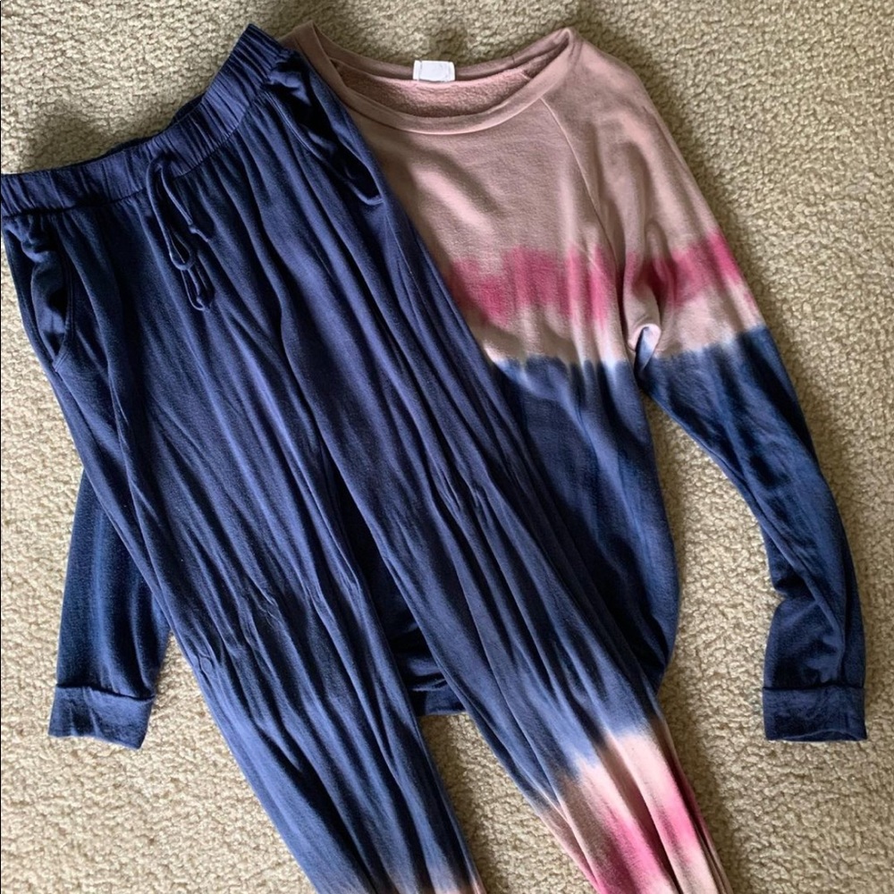 Pink white and blue pajama set